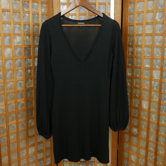 Bebe V-Neck Elastic Cuff Black Dress Size Medium - Picture 7 of 8